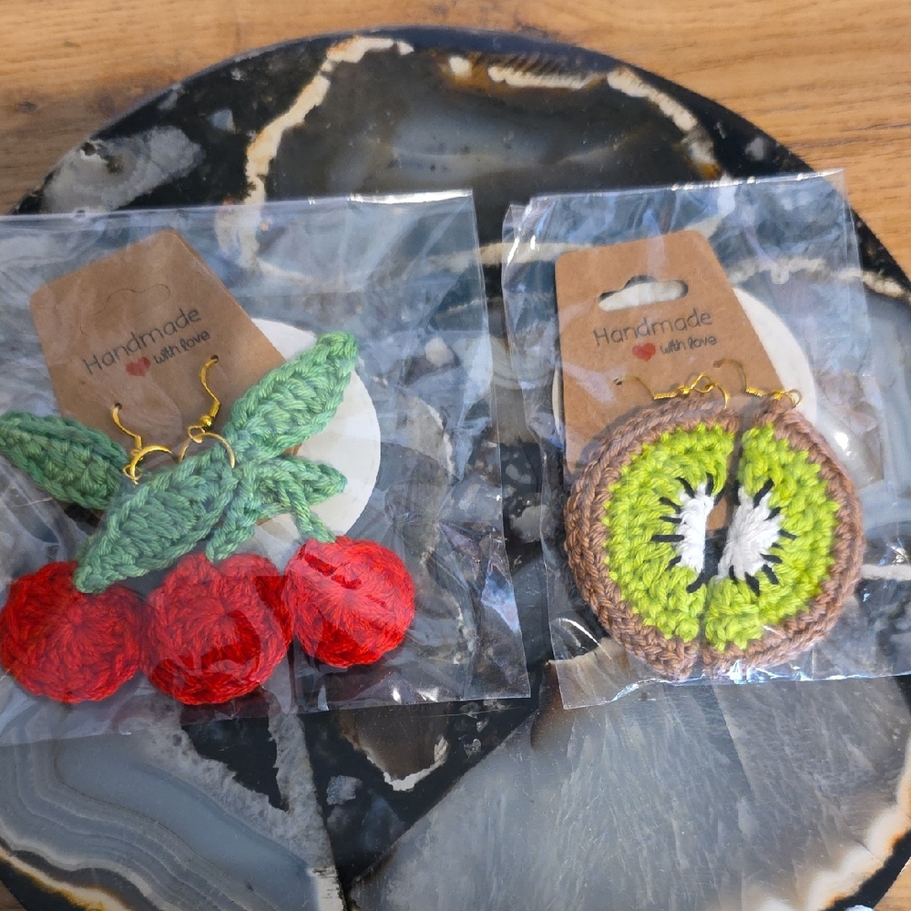 Crochet Fruit Earrings Set - Red and Green